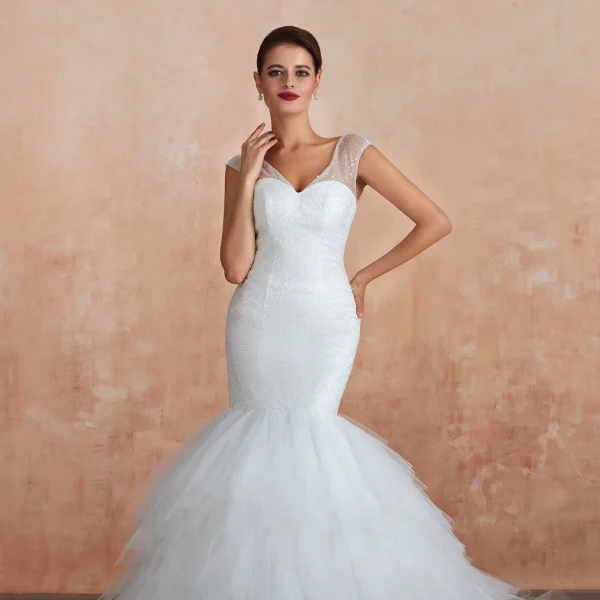 Luxury / Gorgeous Ivory Wedding Dresses 2020 Trumpet / Mermaid V-Neck Sleeveless Backless Beading Chapel Train Ruffle