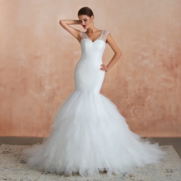 Luxury / Gorgeous Ivory Wedding Dresses 2020 Trumpet / Mermaid V-Neck Sleeveless Backless Beading Chapel Train Ruffle