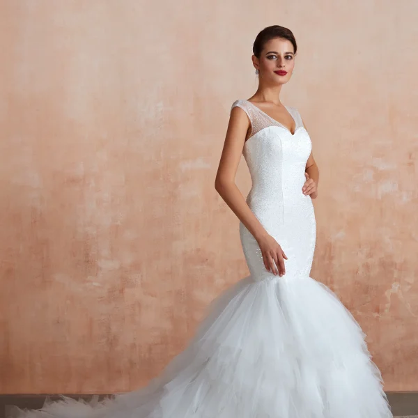 Luxury / Gorgeous Ivory Wedding Dresses 2020 Trumpet / Mermaid V-Neck Sleeveless Backless Beading Chapel Train Ruffle