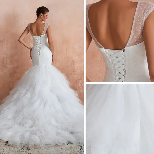 Luxury / Gorgeous Ivory Wedding Dresses 2020 Trumpet / Mermaid V-Neck Sleeveless Backless Beading Chapel Train Ruffle