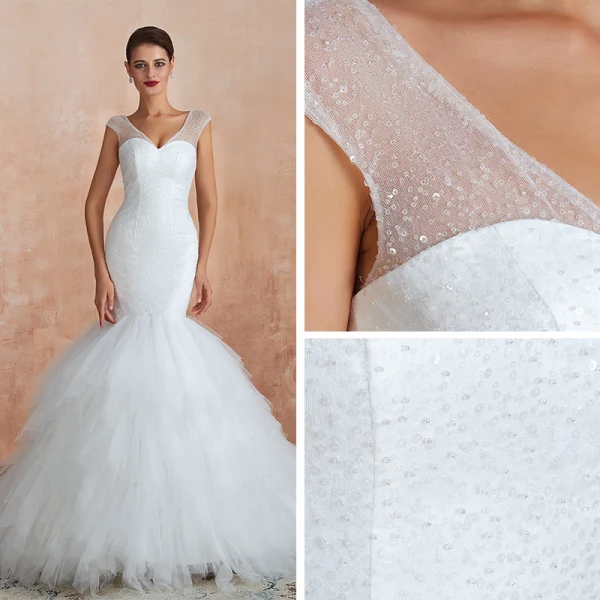 Luxury / Gorgeous Ivory Wedding Dresses 2020 Trumpet / Mermaid V-Neck Sleeveless Backless Beading Chapel Train Ruffle