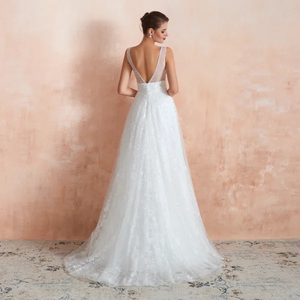High-end Light Ivory Outdoor / Garden Wedding Dresses 2020 A-Line / Princess V-Neck Sleeveless Backless Beading Pearl Embroidered Lace Sweep Train Ruffle