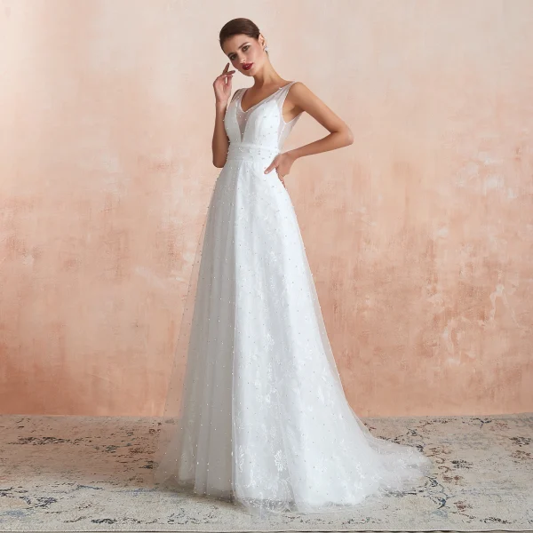 High-end Light Ivory Outdoor / Garden Wedding Dresses 2020 A-Line / Princess V-Neck Sleeveless Backless Beading Pearl Embroidered Lace Sweep Train High-end Light Ivory Outdoor / Garden Wedding Dresses 2020 A-Line / Princess V-Neck Sleeveless Backless Beading Pearl Embroidered Lace Sweep Train