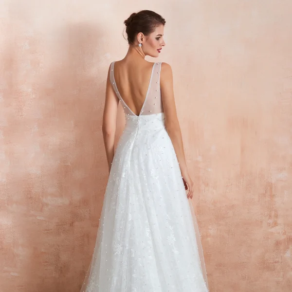 High-end Light Ivory Outdoor / Garden Wedding Dresses 2020 A-Line / Princess V-Neck Sleeveless Backless Beading Pearl Embroidered Lace Sweep Train Ruffle