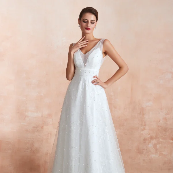 High-end Light Ivory Outdoor / Garden Wedding Dresses 2020 A-Line / Princess V-Neck Sleeveless Backless Beading Pearl Embroidered Lace Sweep Train Ruffle