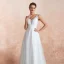 High-end Light Ivory Outdoor / Garden Wedding Dresses 2020 A-Line / Princess V-Neck Sleeveless Backless Beading Pearl Embroidered Lace Sweep Train Ruffle