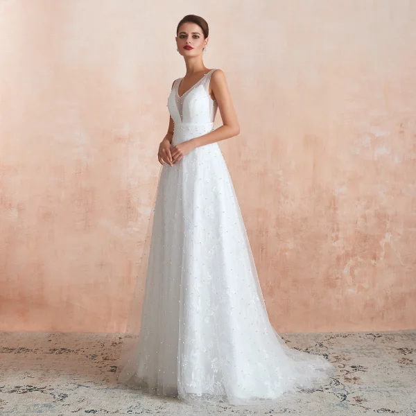 High-end Light Ivory Outdoor / Garden Wedding Dresses 2020 A-Line / Princess V-Neck Sleeveless Backless Beading Pearl Embroidered Lace Sweep Train Ruffle