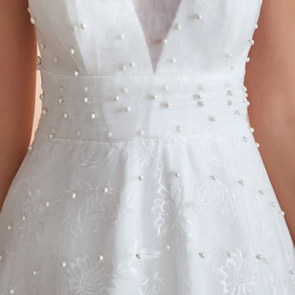 High-end Light Ivory Outdoor / Garden Wedding Dresses 2020 A-Line / Princess V-Neck Sleeveless Backless Beading Pearl Embroidered Lace Sweep Train Ruffle