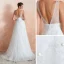 High-end Light Ivory Outdoor / Garden Wedding Dresses 2020 A-Line / Princess V-Neck Sleeveless Backless Beading Pearl Embroidered Lace Sweep Train Ruffle