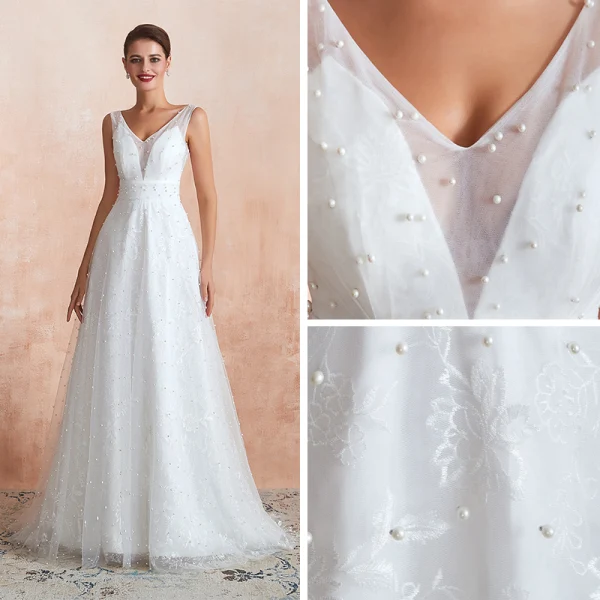High-end Light Ivory Outdoor / Garden Wedding Dresses 2020 A-Line / Princess V-Neck Sleeveless Backless Beading Pearl Embroidered Lace Sweep Train Ruffle