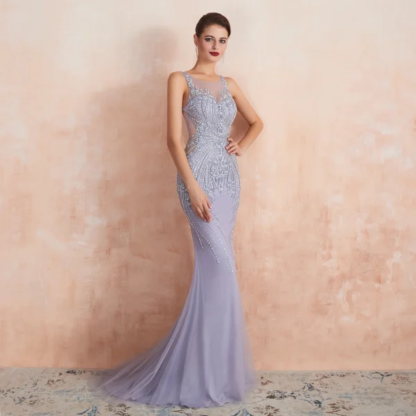 High End Lavendel Durchsichtige Abendkleider 2020 Meerjungfrau Eckiger Ausschnitt Ärmellos Handgefertigt Perlenstickerei Sweep / Pinsel Zug Rückenfreies Festliche Kleider