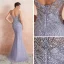 High End Lavendel Durchsichtige Abendkleider 2020 Meerjungfrau Eckiger Ausschnitt Ärmellos Handgefertigt Perlenstickerei Sweep / Pinsel Zug Rückenfreies Festliche Kleider