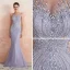 High End Lavendel Durchsichtige Abendkleider 2020 Meerjungfrau Eckiger Ausschnitt Ärmellos Handgefertigt Perlenstickerei Sweep / Pinsel Zug Rückenfreies Festliche Kleider