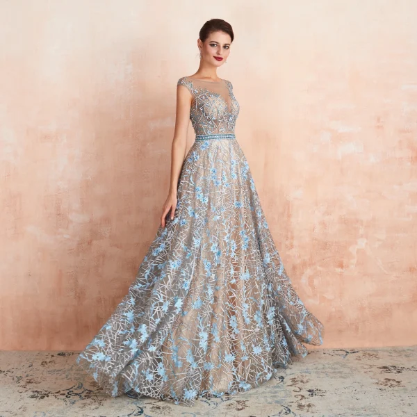 Luxury / Gorgeous Champagne See-through Evening Dresses 2020 A-Line / Princess Scoop Neck Sleeveless Sky Blue Appliques Lace Beading Floor-Length / Long Ruffle Formal Dresses