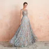 Luxury / Gorgeous Champagne See-through Evening Dresses  2020 A-Line / Princess Scoop Neck Sleeveless Sky Blue Appliques Lace Beading Floor-Length / Long Ruffle Formal Dresses