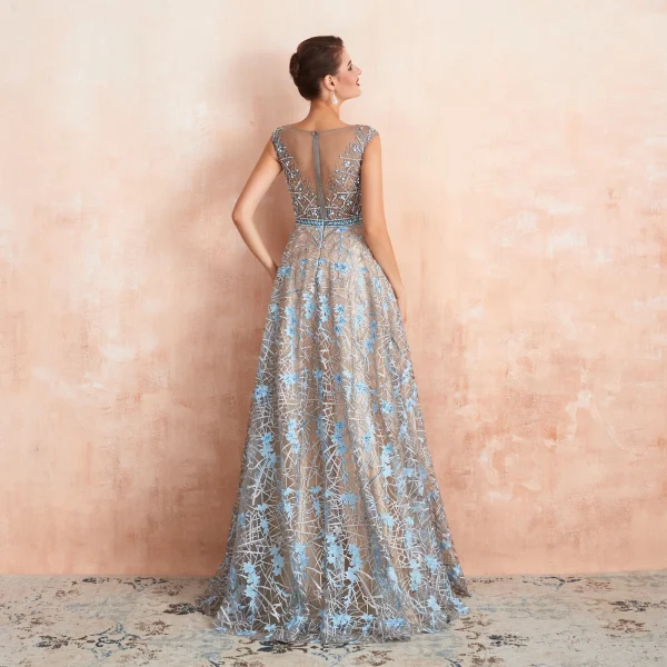 Luxury / Gorgeous Champagne See-through Evening Dresses 2020 A-Line / Princess Scoop Neck Sleeveless Sky Blue Appliques Lace Beading Floor-Length / Long Ruffle Formal Dresses