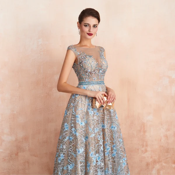 Luxury / Gorgeous Champagne See-through Evening Dresses 2020 A-Line / Princess Scoop Neck Sleeveless Sky Blue Appliques Lace Beading Floor-Length / Long Ruffle Formal Dresses