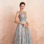 Luxury / Gorgeous Champagne See-through Evening Dresses  2020 A-Line / Princess Scoop Neck Sleeveless Sky Blue Appliques Lace Beading Floor-Length / Long Ruffle Formal Dresses