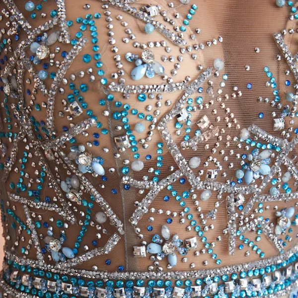 Luxury / Gorgeous Champagne See-through Evening Dresses 2020 A-Line / Princess Scoop Neck Sleeveless Sky Blue Appliques Lace Beading Floor-Length / Long Ruffle Formal Dresses