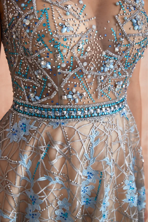 Luxury / Gorgeous Champagne See-through Evening Dresses 2020 A-Line / Princess Scoop Neck Sleeveless Sky Blue Appliques Lace Beading Floor-Length / Long Ruffle Formal Dresses