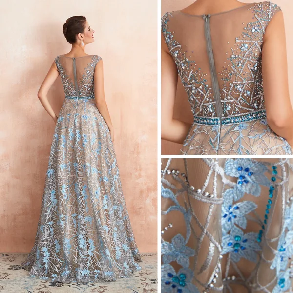 Luxury / Gorgeous Champagne See-through Evening Dresses 2020 A-Line / Princess Scoop Neck Sleeveless Sky Blue Appliques Lace Beading Floor-Length / Long Ruffle Formal Dresses