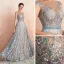 Luxury / Gorgeous Champagne See-through Evening Dresses  2020 A-Line / Princess Scoop Neck Sleeveless Sky Blue Appliques Lace Beading Floor-Length / Long Ruffle Formal Dresses