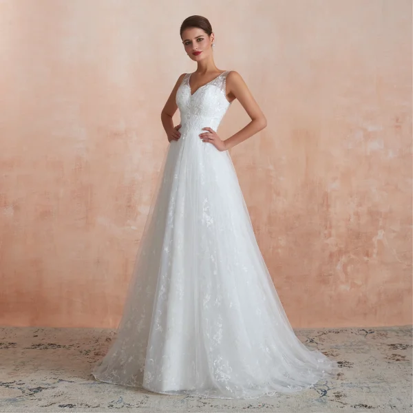 Chic / Belle Ivoire Jardin / Extérieur Robe De Mariée 2020 Princesse V-Cou Sans Manches Dos Nu Appliques En Dentelle Perlage Train De Balayage Volants