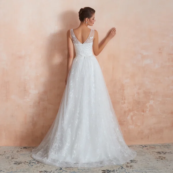 Chic / Belle Ivoire Jardin / Extérieur Robe De Mariée 2020 Princesse V-Cou Sans Manches Dos Nu Appliques En Dentelle Perlage Train De Balayage Volants