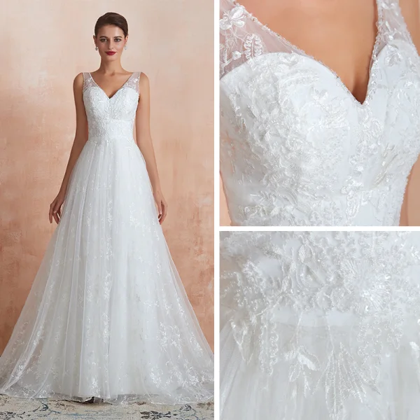 Chic / Belle Ivoire Jardin / Extérieur Robe De Mariée 2020 Princesse V-Cou Sans Manches Dos Nu Appliques En Dentelle Perlage Train De Balayage Volants