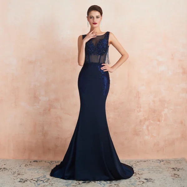 Élégant Bleu Marine Transparentes Robe De Soirée 2020 Trompette / Sirène Encolure Carrée Sans Manches Appliques En Dentelle Perlage Gland Train De Balayage Dos Nu Robe De Ceremonie