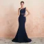 Élégant Bleu Marine Transparentes Robe De Soirée 2020 Trompette / Sirène Encolure Carrée Sans Manches Appliques En Dentelle Perlage Gland Train De Balayage Dos Nu Robe De Ceremonie
