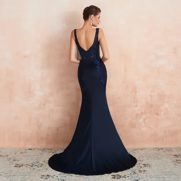 Élégant Bleu Marine Transparentes Robe De Soirée 2020 Trompette / Sirène Encolure Carrée Sans Manches Appliques En Dentelle Perlage Gland Train De Balayage Dos Nu Robe De Ceremonie