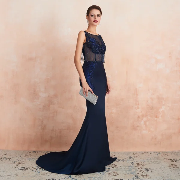 Elegant Navy Blue See-through Evening Dresses 2020 Trumpet / Mermaid Square Neckline Sleeveless Appliques Lace Beading Tassel Sweep Train Backless