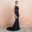 Élégant Bleu Marine Transparentes Robe De Soirée 2020 Trompette / Sirène Encolure Carrée Sans Manches Appliques En Dentelle Perlage Gland Train De Balayage Dos Nu Robe De Ceremonie