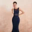 Élégant Bleu Marine Transparentes Robe De Soirée 2020 Trompette / Sirène Encolure Carrée Sans Manches Appliques En Dentelle Perlage Gland Train De Balayage Dos Nu Robe De Ceremonie