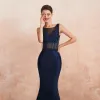 Elegant Navy Blue See-through Evening Dresses  2020 Trumpet / Mermaid Square Neckline Sleeveless Appliques Lace Beading Tassel Sweep Train Backless Formal Dresses
