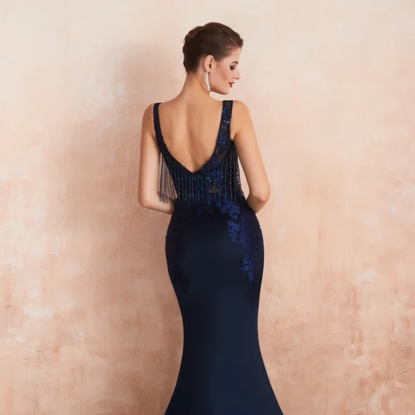 Élégant Bleu Marine Transparentes Robe De Soirée 2020 Trompette / Sirène Encolure Carrée Sans Manches Appliques En Dentelle Perlage Gland Train De Balayage Dos Nu Robe De Ceremonie