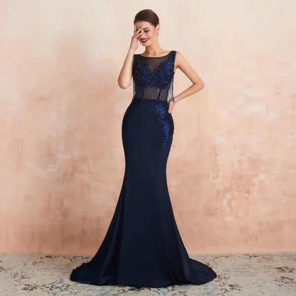 Élégant Bleu Marine Transparentes Robe De Soirée 2020 Trompette / Sirène Encolure Carrée Sans Manches Appliques En Dentelle Perlage Gland Train De Balayage Dos Nu Robe De Ceremonie