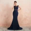 Élégant Bleu Marine Transparentes Robe De Soirée 2020 Trompette / Sirène Encolure Carrée Sans Manches Appliques En Dentelle Perlage Gland Train De Balayage Dos Nu Robe De Ceremonie