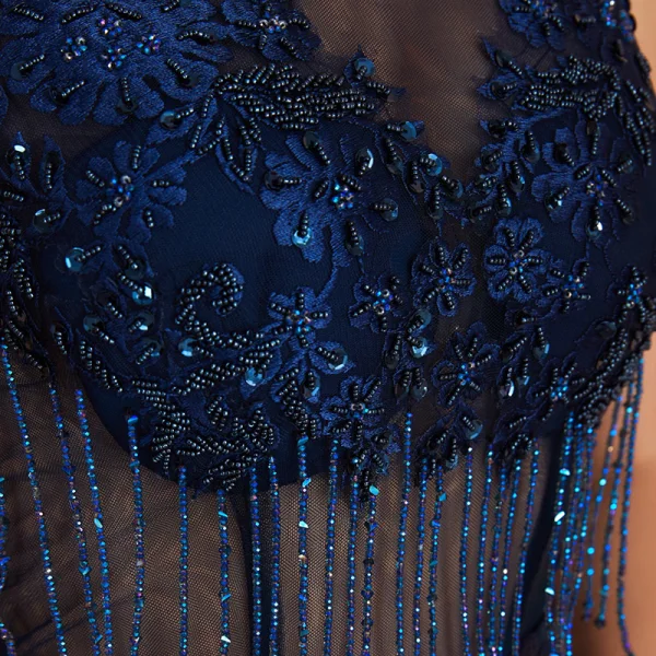 Élégant Bleu Marine Transparentes Robe De Soirée 2020 Trompette / Sirène Encolure Carrée Sans Manches Appliques En Dentelle Perlage Gland Train De Balayage Dos Nu Robe De Ceremonie