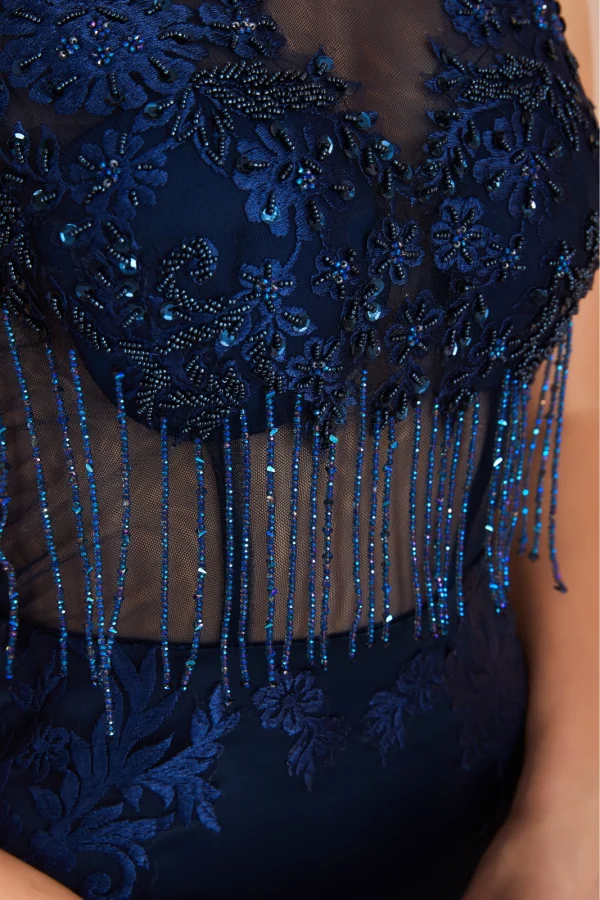 Élégant Bleu Marine Transparentes Robe De Soirée 2020 Trompette / Sirène Encolure Carrée Sans Manches Appliques En Dentelle Perlage Gland Train De Balayage Dos Nu Robe De Ceremonie