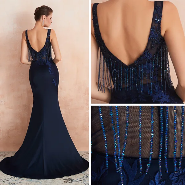 Élégant Bleu Marine Transparentes Robe De Soirée 2020 Trompette / Sirène Encolure Carrée Sans Manches Appliques En Dentelle Perlage Gland Train De Balayage Dos Nu Robe De Ceremonie