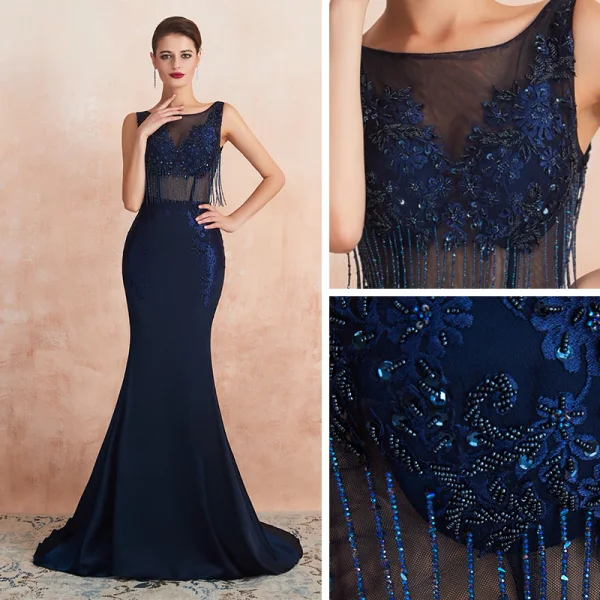 Élégant Bleu Marine Transparentes Robe De Soirée 2020 Trompette / Sirène Encolure Carrée Sans Manches Appliques En Dentelle Perlage Gland Train De Balayage Dos Nu Robe De Ceremonie