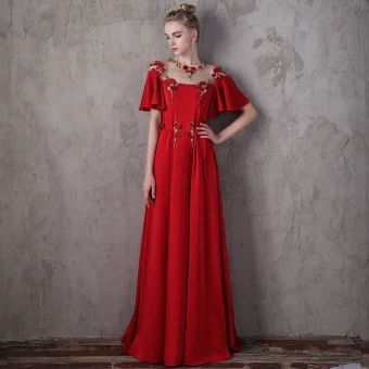 Fée Des Fleurs Rouge Robe De Soirée 2018 Princesse Encolure Dégagée 1 2 Manches Appliques Fleur Perlage Perle Faux Diamant Longue Volants Dos Nu Percé Robe De Ceremonie