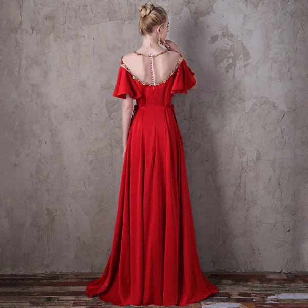 Flower Fairy Red Evening Dresses  2018 A-Line / Princess Scoop Neck 1/2 Sleeves Appliques Flower Beading Pearl Rhinestone Floor-Length / Long Ruffle Backless Pierced Formal Dresses