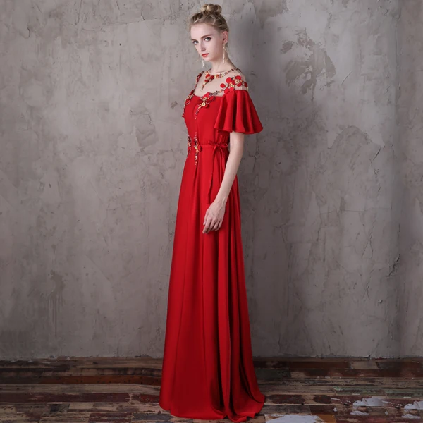 Flower Fairy Red Evening Dresses  2018 A-Line / Princess Scoop Neck 1/2 Sleeves Appliques Flower Beading Pearl Rhinestone Floor-Length / Long Ruffle Backless Pierced Formal Dresses