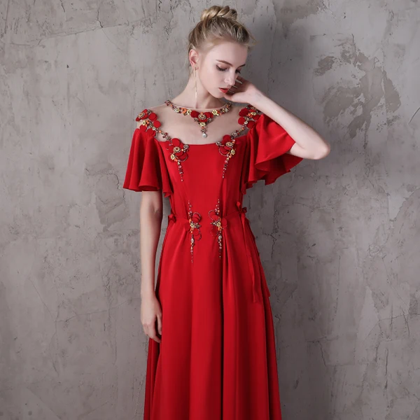Flower Fairy Red Evening Dresses  2018 A-Line / Princess Scoop Neck 1/2 Sleeves Appliques Flower Beading Pearl Rhinestone Floor-Length / Long Ruffle Backless Pierced Formal Dresses