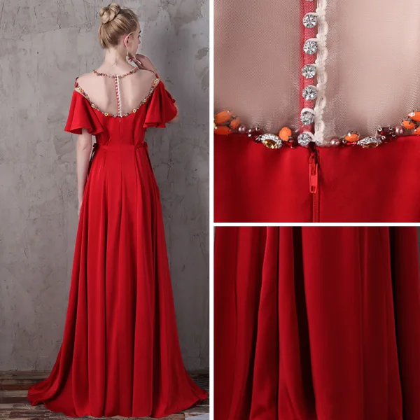 Flower Fairy Red Evening Dresses  2018 A-Line / Princess Scoop Neck 1/2 Sleeves Appliques Flower Beading Pearl Rhinestone Floor-Length / Long Ruffle Backless Pierced Formal Dresses