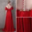 Flower Fairy Red Evening Dresses  2018 A-Line / Princess Scoop Neck 1/2 Sleeves Appliques Flower Beading Pearl Rhinestone Floor-Length / Long Ruffle Backless Pierced Formal Dresses