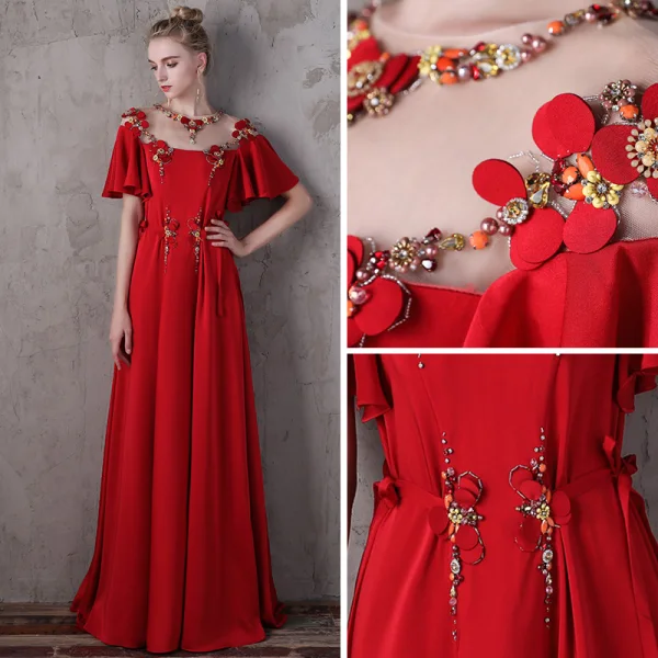 Flower Fairy Red Evening Dresses  2018 A-Line / Princess Scoop Neck 1/2 Sleeves Appliques Flower Beading Pearl Rhinestone Floor-Length / Long Ruffle Backless Pierced Formal Dresses